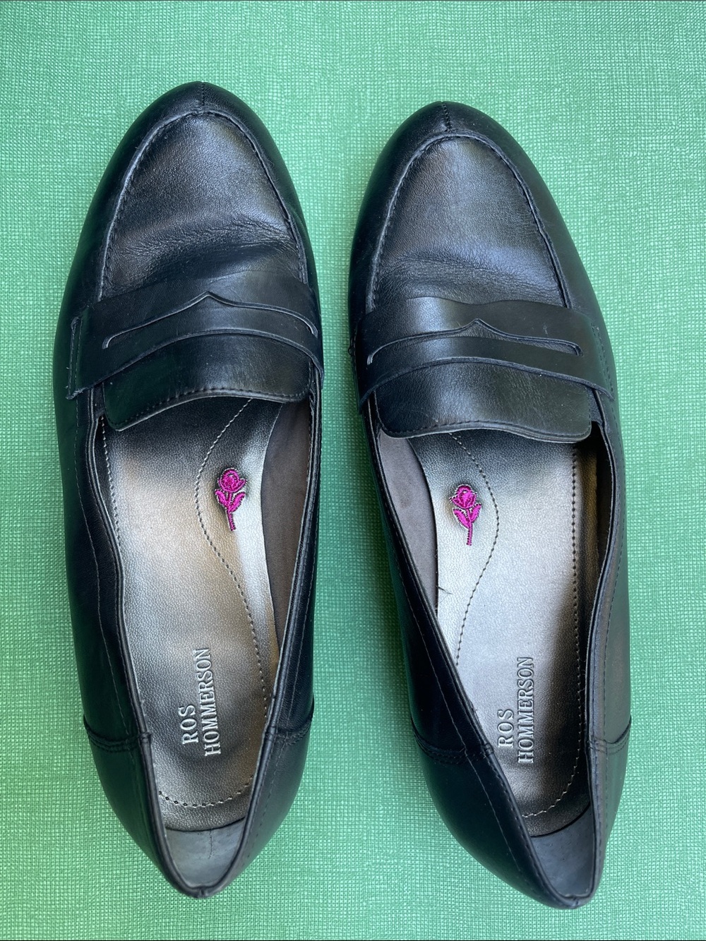 Ros Hommerson Black Leather Slip-On Penny Loafers with Pink Rose Insole Accent